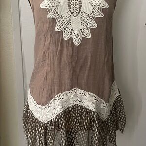 A'Reve Brown Tank Top with White Lace Trim